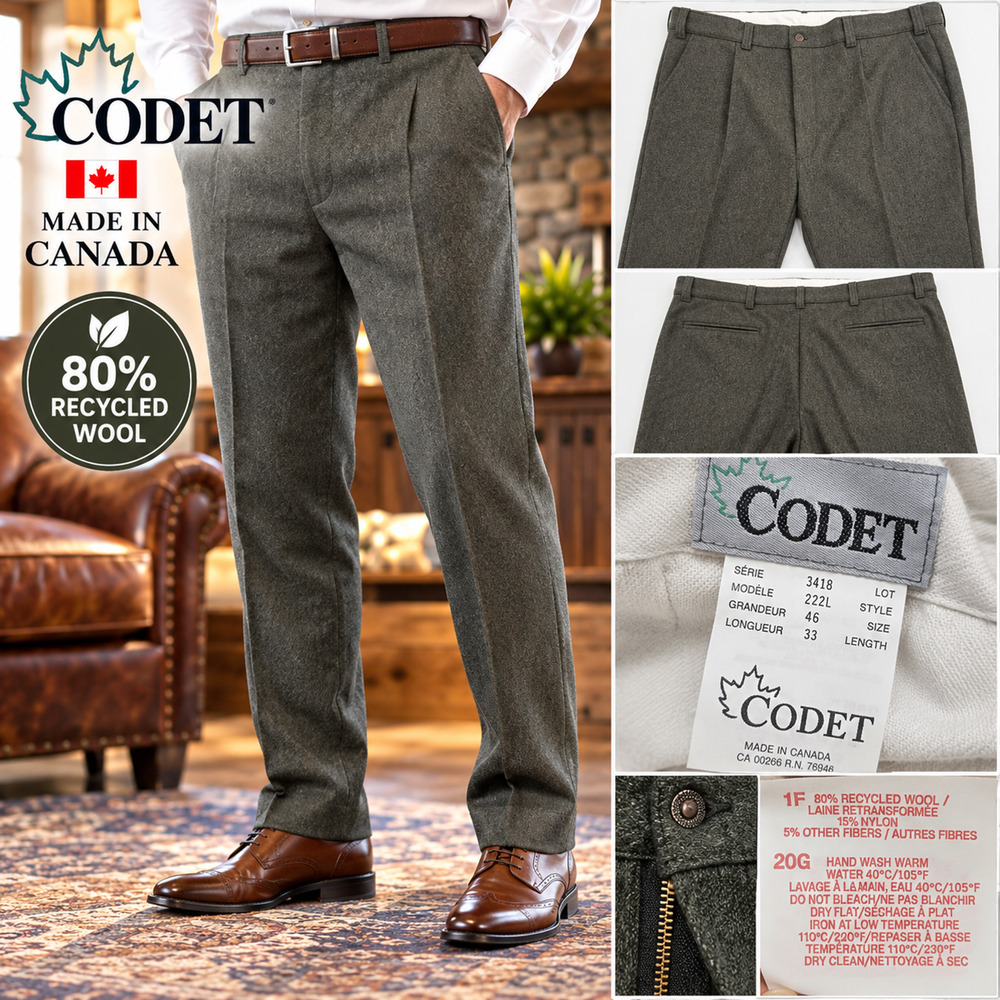 Vintage Codet Wool Pants Mens 44X31 Green Heavyweight Made in Canada Hunting